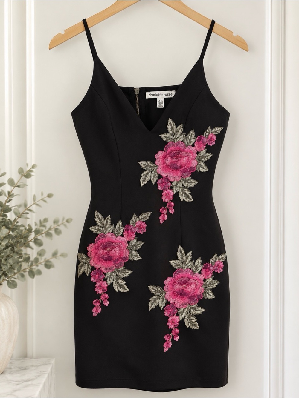 Charlotte Russe Black Mini Dress with Pink Floral Embroidery